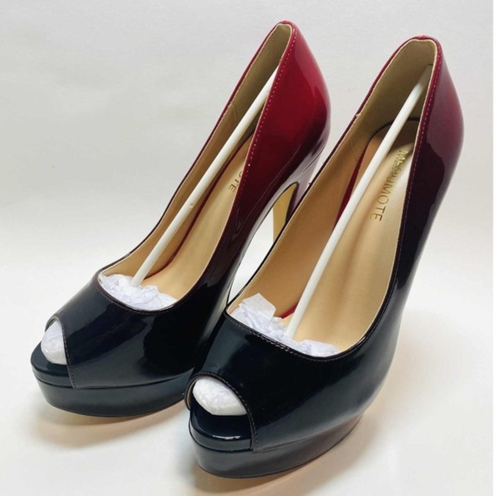 Womens MERUMOTE Peep Toe Platform Pumps Burgundy Black Ombre High Heel Shoes